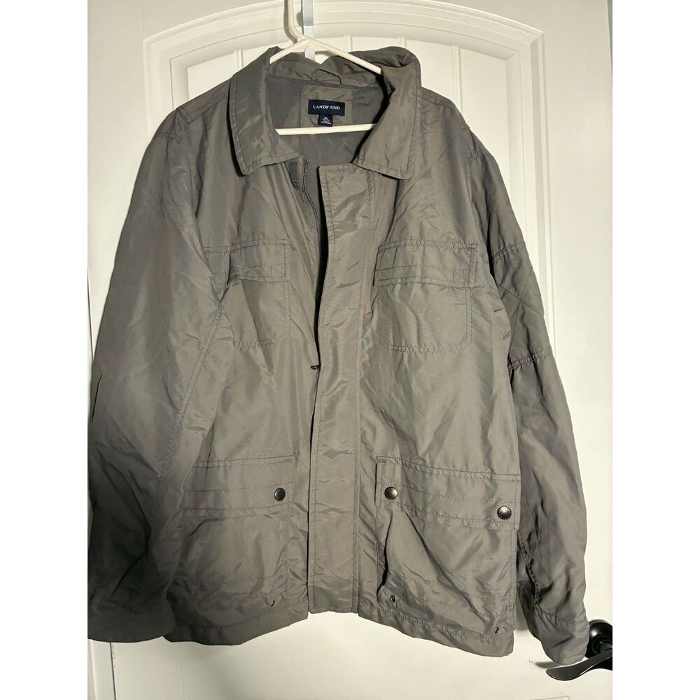 Lands End Men Gray Jacket XL Pockets-Zip/Velcro Closure